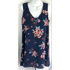 Lily Rose Sleeveless Shift Dress M Blue Floral Necklace Crepe Lace Boho Summer